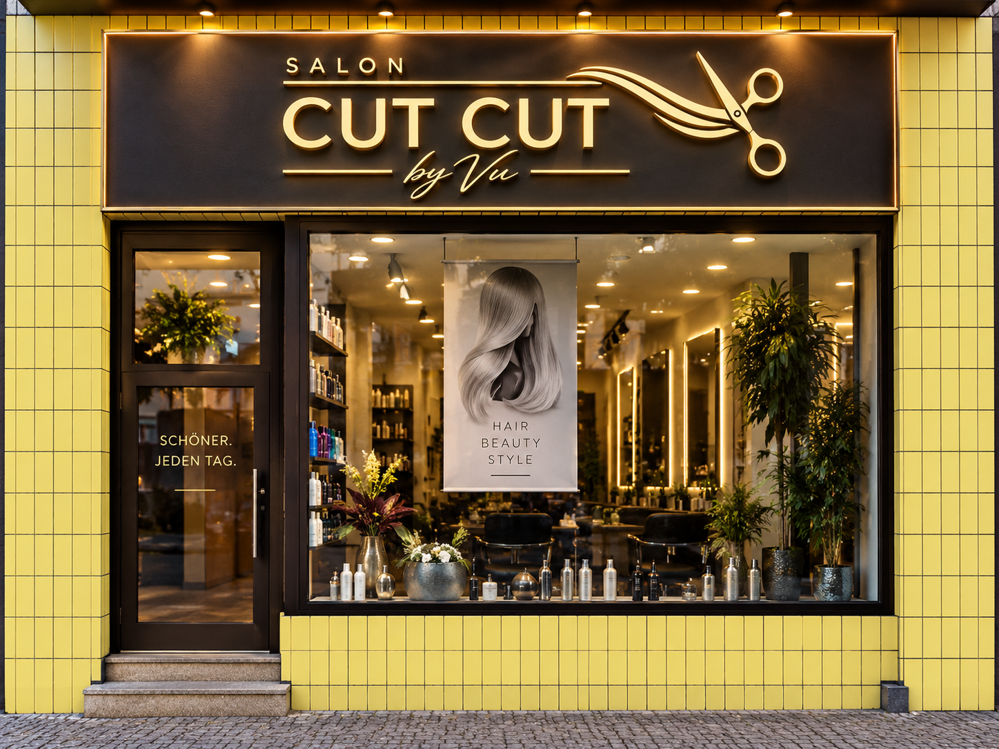 Salon CutCut by Vu mit goldener Beschriftung und warm beleuchtetem Schaufenster